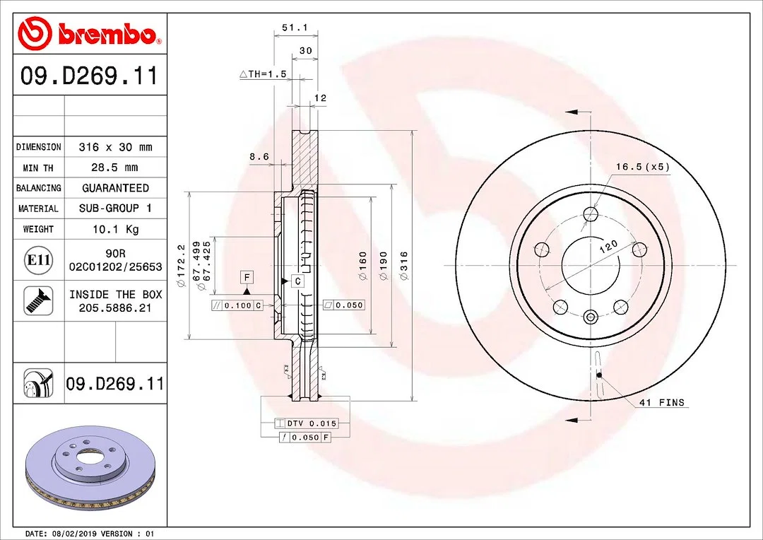09D26911C02 – BREMBO Brake Rotor, Vented One Piece Design Wheel Bolt Pattern 5 x 120 Millimeter 316 Millimeter Diamet...